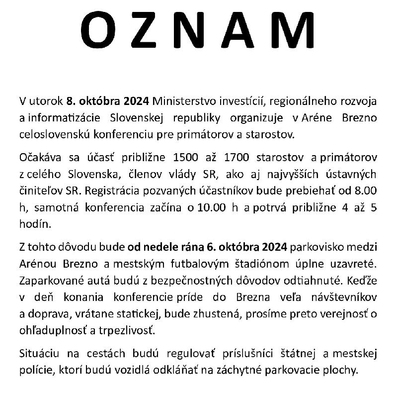 Oznam pre občanov - uzatvorenie parkoviska